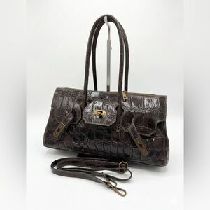 Made in Italy Dark Brown Croc-Embossed Leather Satchel Bag - Dark Brown